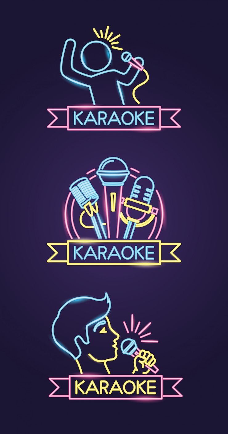 Vetor grátis karaoke diferentes no estilo neon com cantor e microfone sobre roxo