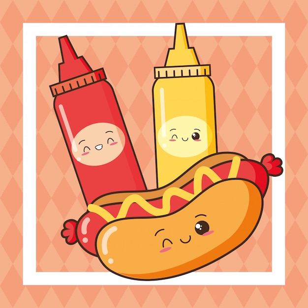 Kawaii fast-food bonito cachorro-quente e ketchup e mostarda