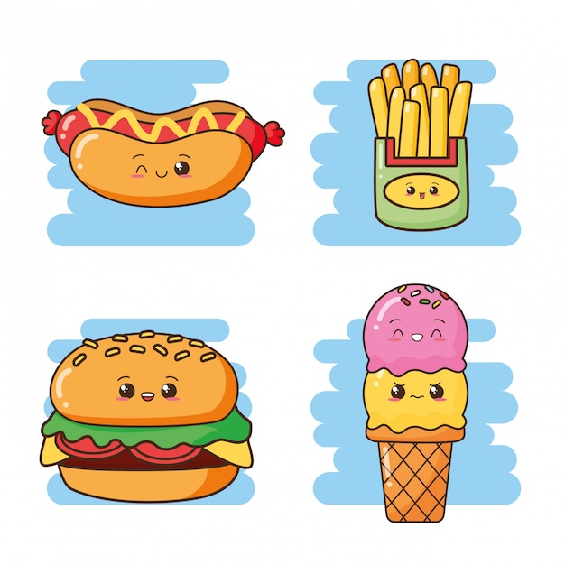 Vetor grátis kawaii fast-food cute fast-food sorvete, hambúrguer, cachorro-quente, batatas fritas ilustração