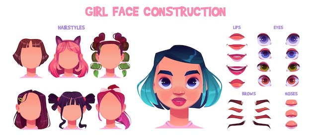 Vetor grátis kit de construção de rosto de menina peças faciais de desenhos animados para criação de avatares de crianças do sexo feminino com diferentes olhos de nariz e sobrancelhas vetor de cabelo ilustração de elementos de cabeça definidos para gerador de rosto de criança caucasiano