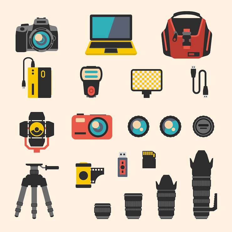 Vetor grátis kit de fotógrafo com elementos de câmera. fotografia e equipamento digital, lente e filme. conjunto de ícones planos
