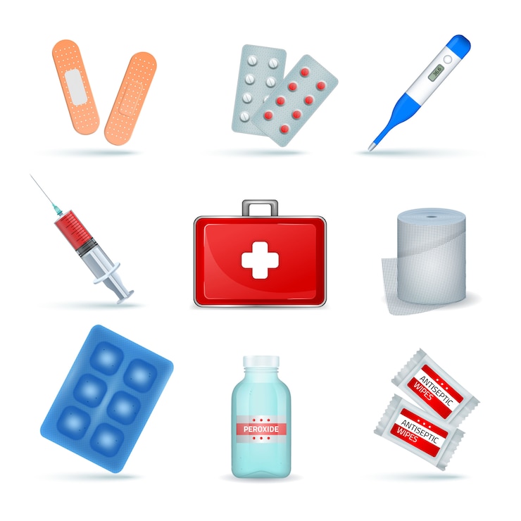 Vetor grátis kit de primeiros socorros fornece produtos médicos de emergência conjunto realista com lenços anti-sépticos de bandagem elástica