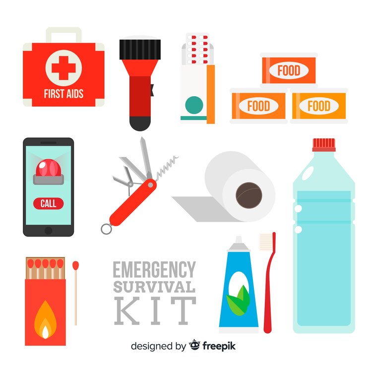 Vetor grátis kit de sobrevivência de emergência com design plano