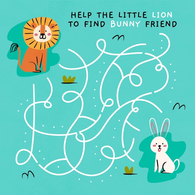 Vetor grátis labirinto fofo para crianças com leão e coelho