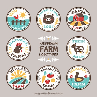 Lado engraçado desenhada logotipos fazenda circulares