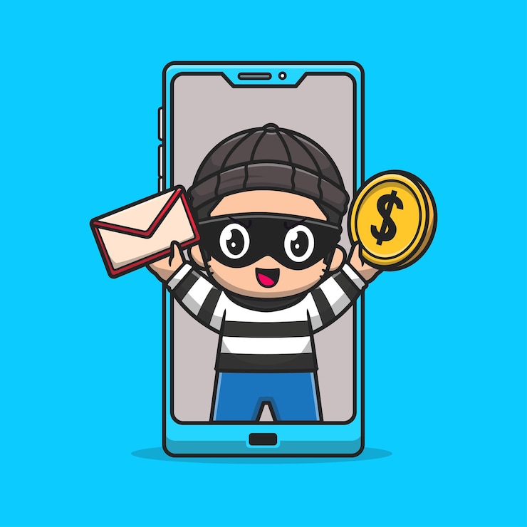 Vetor grátis ladrão bonito rouba envelope e moeda de ouro do telefone desenho animado ícone vetorial ilustração pessoas techno