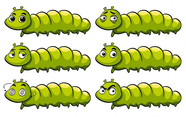 Vetor grátis lagarta verde com diferentes emoções