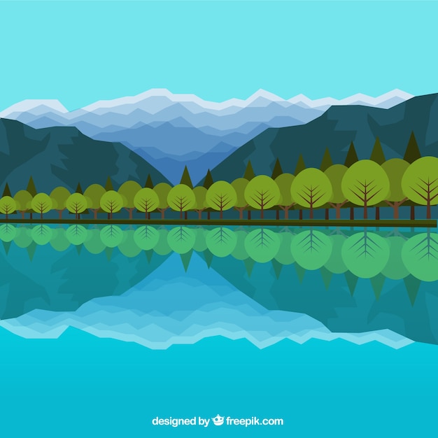 Lago com árvores refletidas em estilo plano