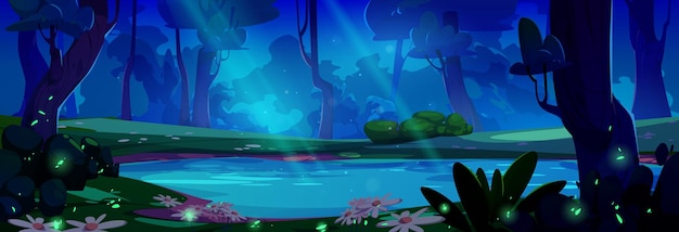 Lago da floresta noturna com fundo de paisagem de brilho de vaga-lume cena de jardim misterioso com árvore de camomila e pirilampo verde linda ilustração de desenho animado raio de luar mágico design de viagens ao ar livre