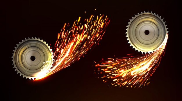Lâminas de serra circular com faíscas, fogo de trabalho em metal