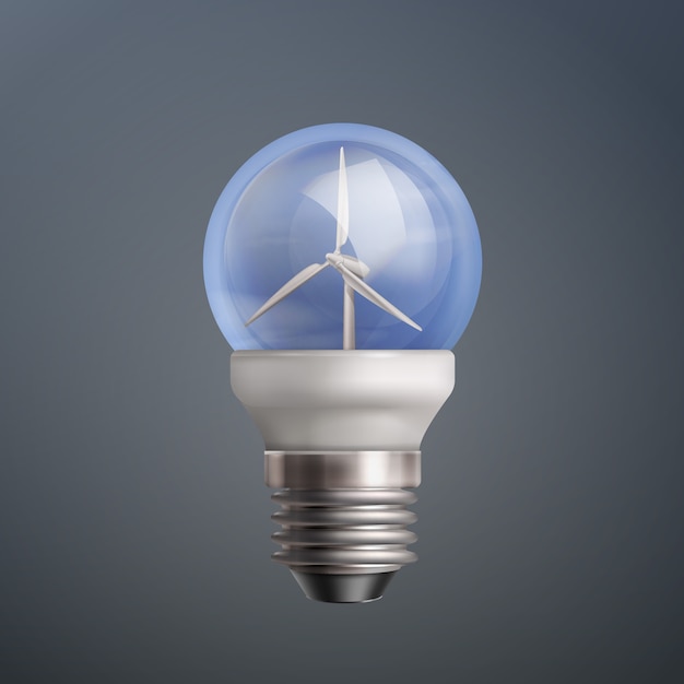 Lâmpada de ilustração vetorial com turbinas eólicas em fundo escuro