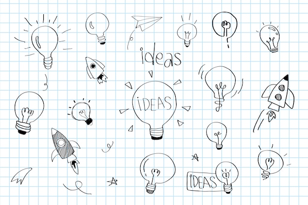 Vetor grátis lâmpadas de idéias de criatividade doodle vector coleção