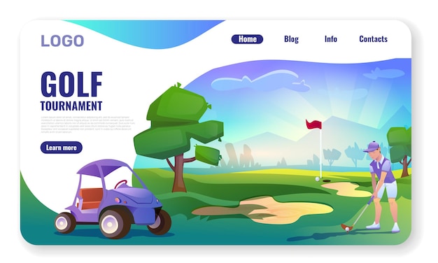 Landing page com jogador de campo de golfe e carrinho de golfe