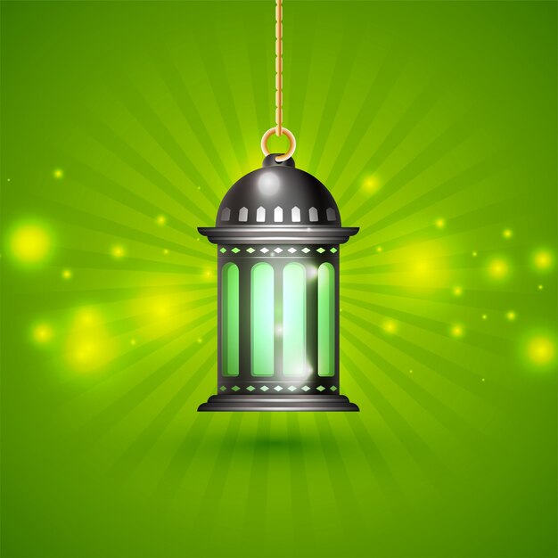 Lanterna criativa iluminada pendurada em raios brilhantes de fundo para o Mês sagrado islâmico do jejum, Ramadan Kareem.