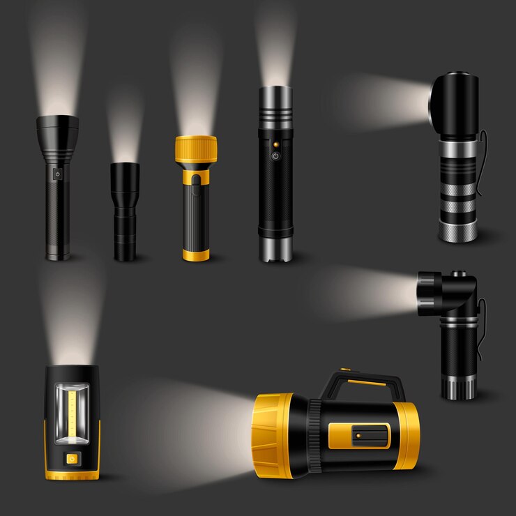 Vetor grátis lanternas luminosas portáteis de diferentes modificações realistas definidas na ilustração vetorial isolada de fundo cinza