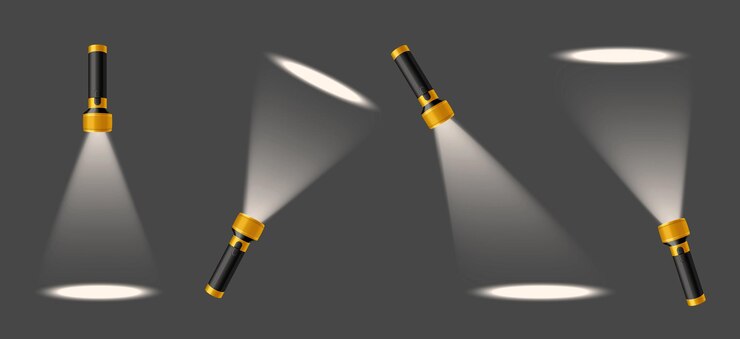 Vetor grátis lanternas portáteis com pontos de luz realistas pesquisando o conceito de design isolado na ilustração vetorial de fundo cinza