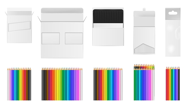 Vetor grátis lápis multicoloridos brilhantes coloridos realistas com ilustração isolada de embalagens em branco