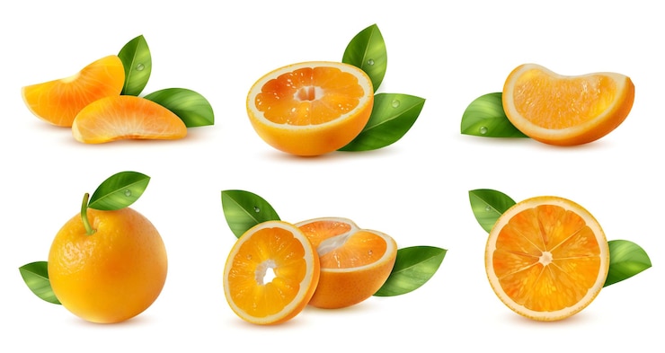 Vetor grátis laranja com conjunto de folhas
