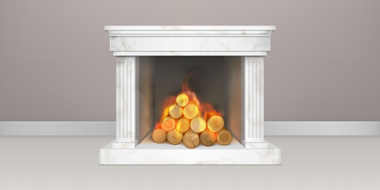 Vetor grátis lareira com madeiras em chamas, chaminé de mármore branco ou gesso, lareira clássica com toras em chamas, decoração de interiores para casa, design de casa vintage, sistema de aquecimento aconchegante, ilustração vetorial 3d realista
