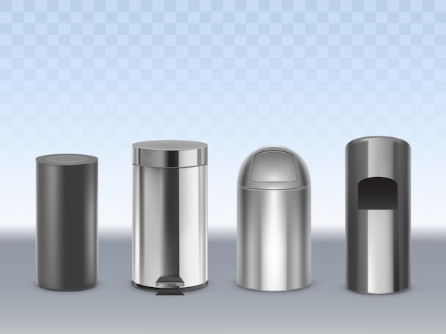 Latas de lixo de aço inoxidável 3d realista vector conjunto isolado na transparente. Recipientes de metal cilíndricos foscos, pretos, brilhantes, cromados para resíduos com tampa móvel e ilustração de pedal