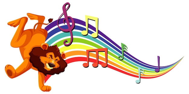 Leão dançando com símbolos de melodia no arco-íris