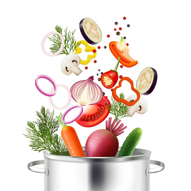 Legumes e conceito realista de pote com ingredientes e cozinhar ilustração vetorial de símbolos