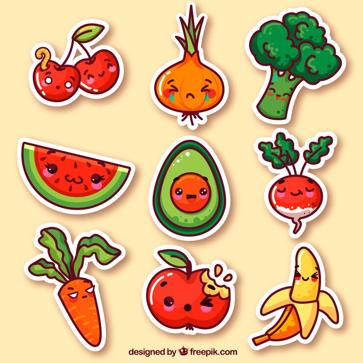 Vetor grátis legumes e frutas autocolantes engraçados