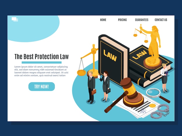 Vetor grátis lei proteção judicial e justiça tribunal sistemas serviços públicos home page composição isométrica site design ilustração