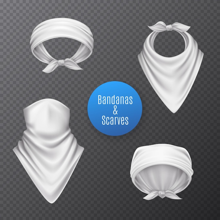 Vetor grátis lenço de cachecol de bandana conjunto de coberturas de cabeça branca realistas isoladas em fundo transparente com ilustração vetorial de texto