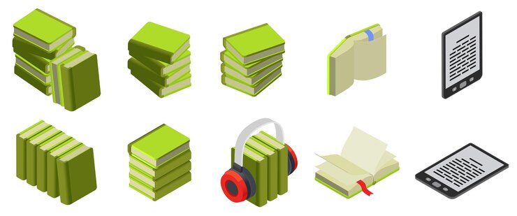 Vetor grátis lendo o conjunto isométrico de ícones de livros isolados com pilhas de linhas e e-book com ilustração vetorial de livros de áudio