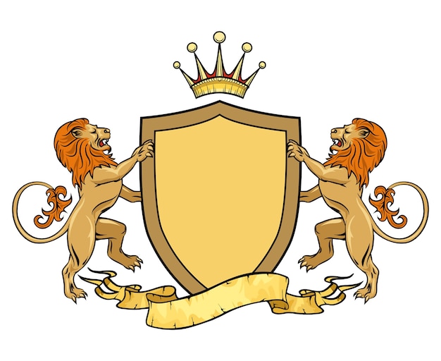 Vetor grátis leões heráldicos com escudo e fita. brazão. heráldico e brasão, logotipo real medieval.