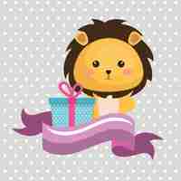 Vetor grátis leon bonito com presente kawaii cartão de aniversário