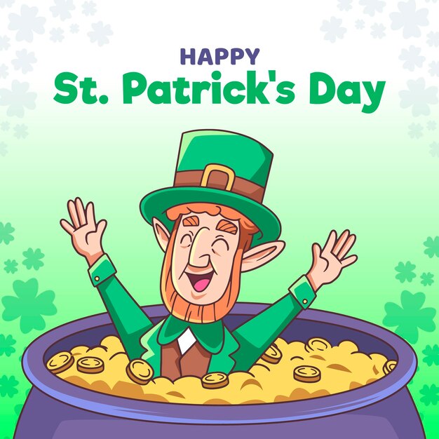 Leprechaun do dia de São Patrício em um caldeirão cheio de ouro