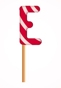 Letra e de pirulitos listrados de vermelhos e brancos. fonte festiva ou decoração para férias ou festa. ilustração em vetor plana