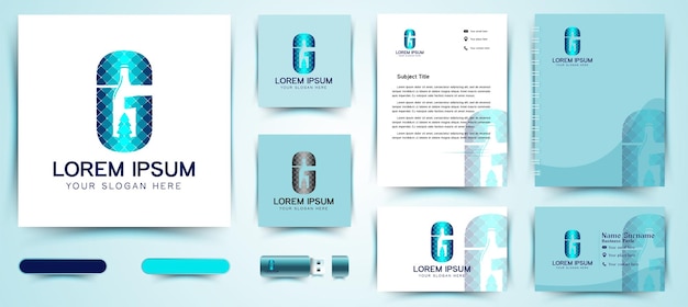 Letra g e logotipo de produções de garrafa de vidro e modelo de marca de cartão de visita designs inspiração isolado no fundo branco