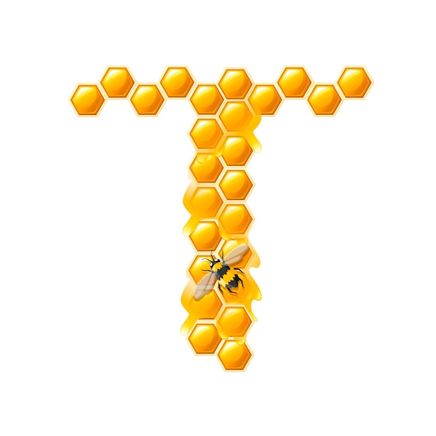 Letra t do favo de mel com gotas de mel e ilustração em vetor plana abelha isolada no fundo branco.