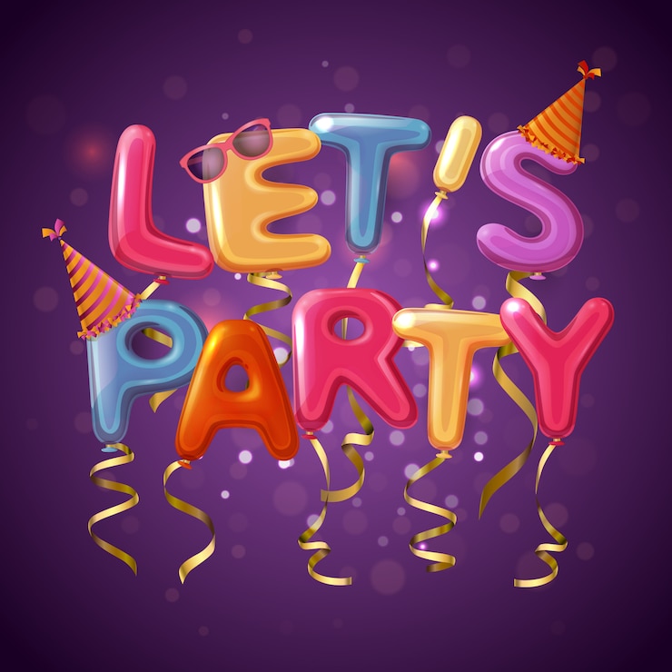 Vetor grátis letras de balão de festa colorida fundo com let s jogar manchete em afeiçoado de roxo