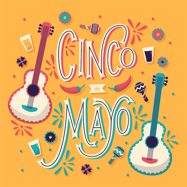 Vetor grátis letras de cinco de maio com guitarras