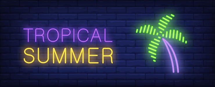 Vetor grátis letras de estilo de verão tropical neon. palma no fundo de tijolo. sinal de parede brilhante.