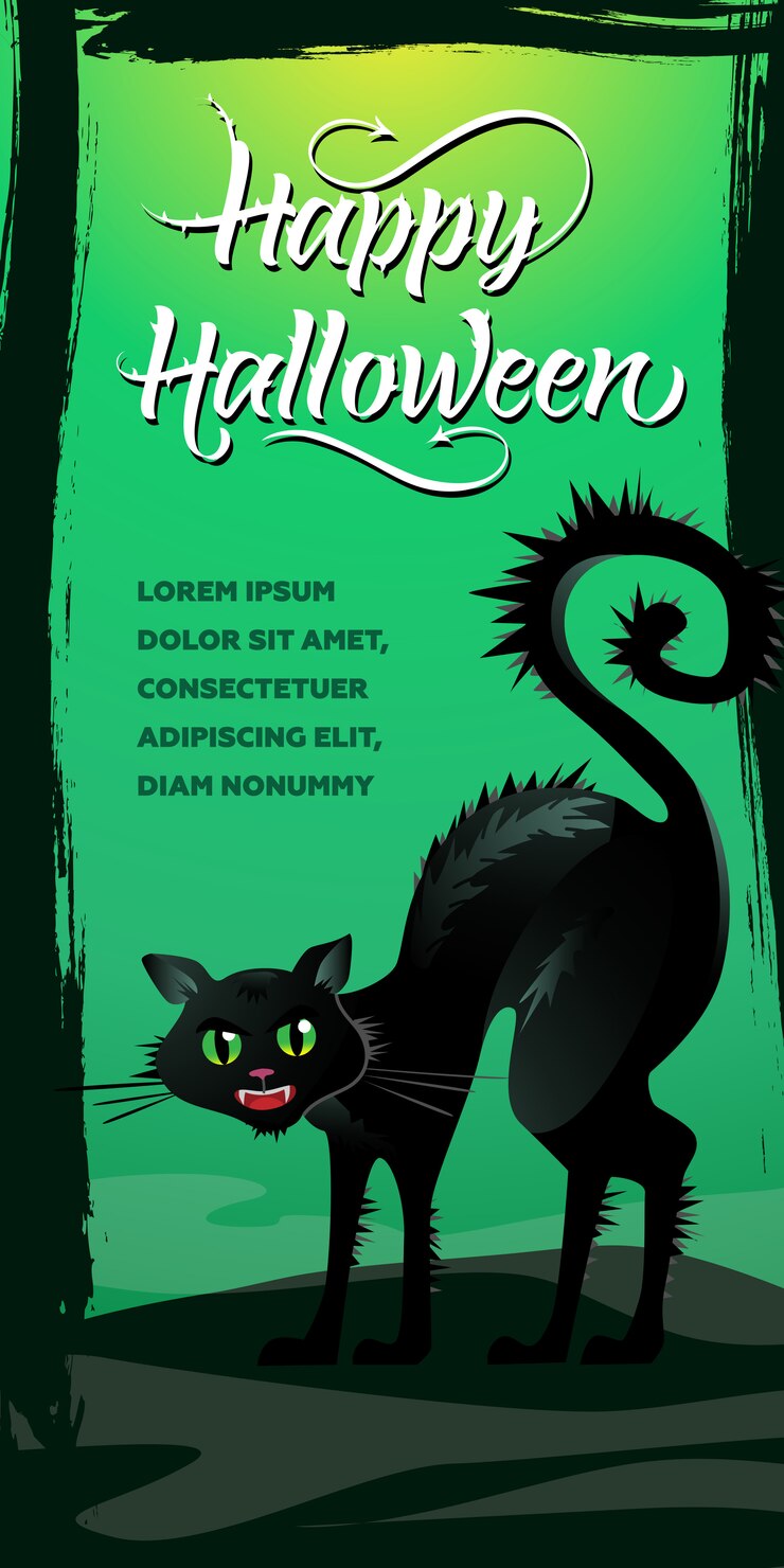 Vetor grátis letras de feliz dia das bruxas. assobiando gato preto sobre fundo verde