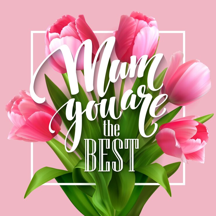 Vetor grátis letras de feliz dia das mães. cartão de dia das mães com flores de tulipa desabrochando. eps10