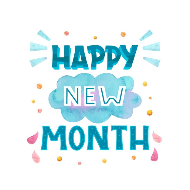 Letras de 'feliz mês novo' com elementos desenhados à mão