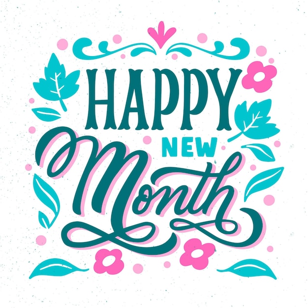 Letras de feliz mês novo com elementos desenhados à mão