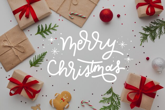 Letras de feliz Natal na foto com presentes