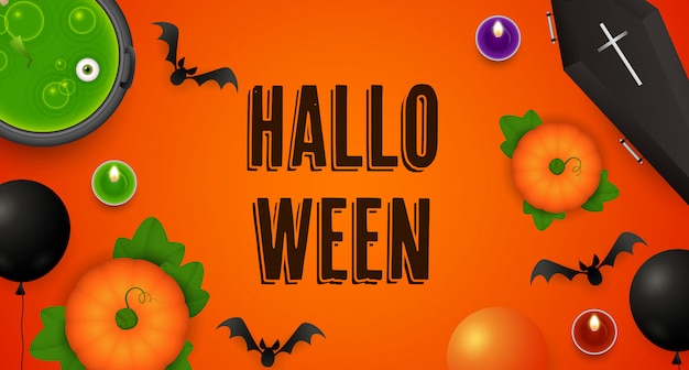 Letras de halloween com abóboras, caldeirão, caixão e morcegos