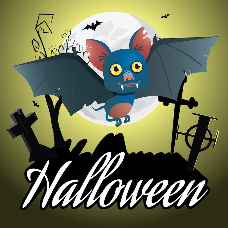 Vetor grátis letras de halloween. morcego dos desenhos animados, voando sobre o cemitério