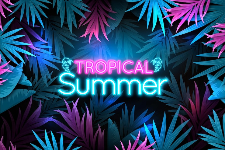 Vetor grátis letras de néon tropical com folhas e flores de fundo