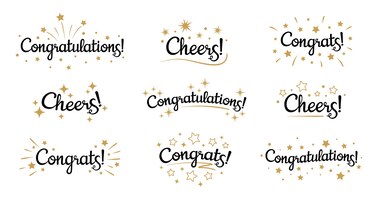 Vetor grátis letras de parabéns. rótulos de texto de parabéns, sinal de felicitações decorado com explosão dourada e estrelas e parabéns
