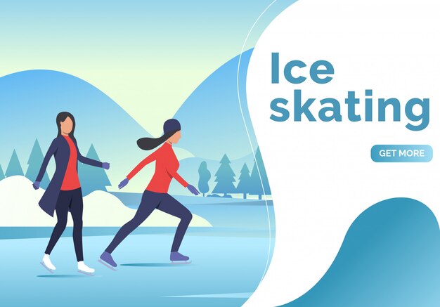 Letras de patinação no gelo, duas mulheres skatista e paisagem de neve