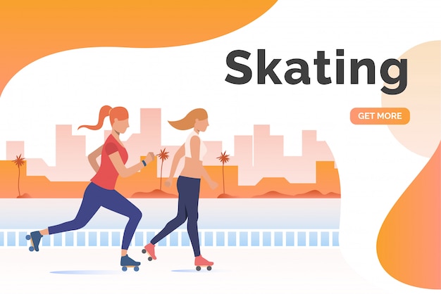 Vetor grátis letras de patinação, skater mulheres e edifícios distantes